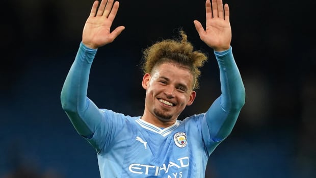 Kalvin Phillips pictured waving to Manchester City fans following a 3-0 win over Young Boys in the UEFA Champions League in November 2023